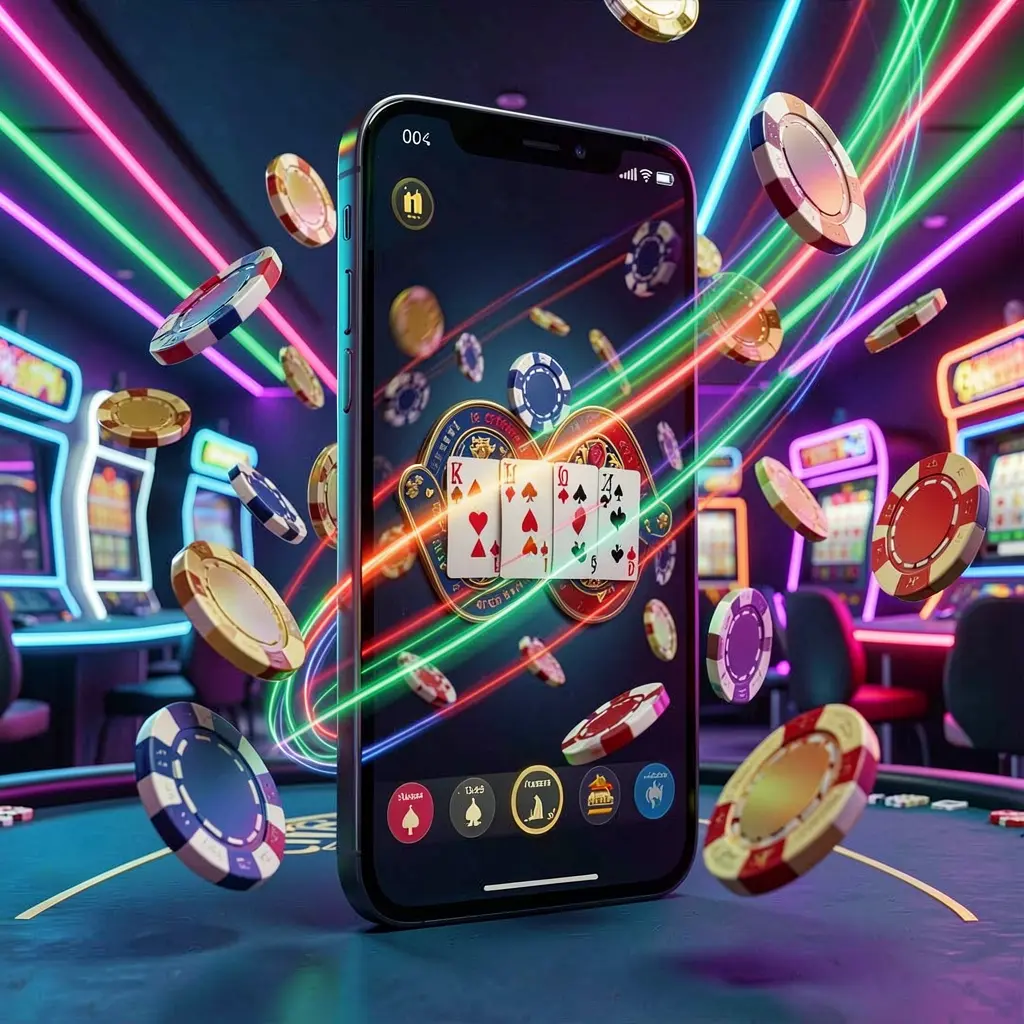 GO 6 fast casino app access visual featuring a smartphone with speed light trails, coins and chips flying around against a modern neon casino background in a dynamic 3D render