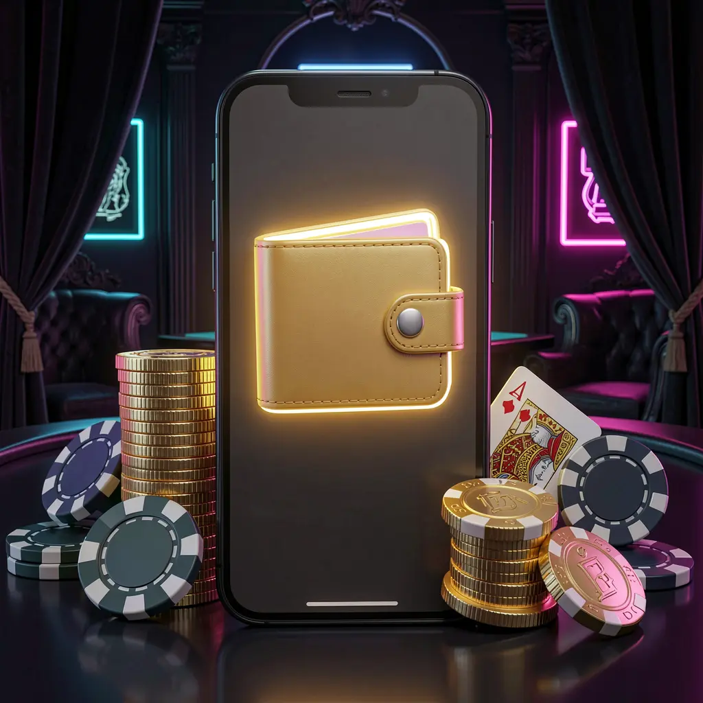 GO 6 online casino deposit bonus concept with a smartphone screen displaying a glowing wallet icon surrounded by stacks of golden coins, poker chips, and bank cards on a dark luxury background with neon highlights in a realistic 3D style