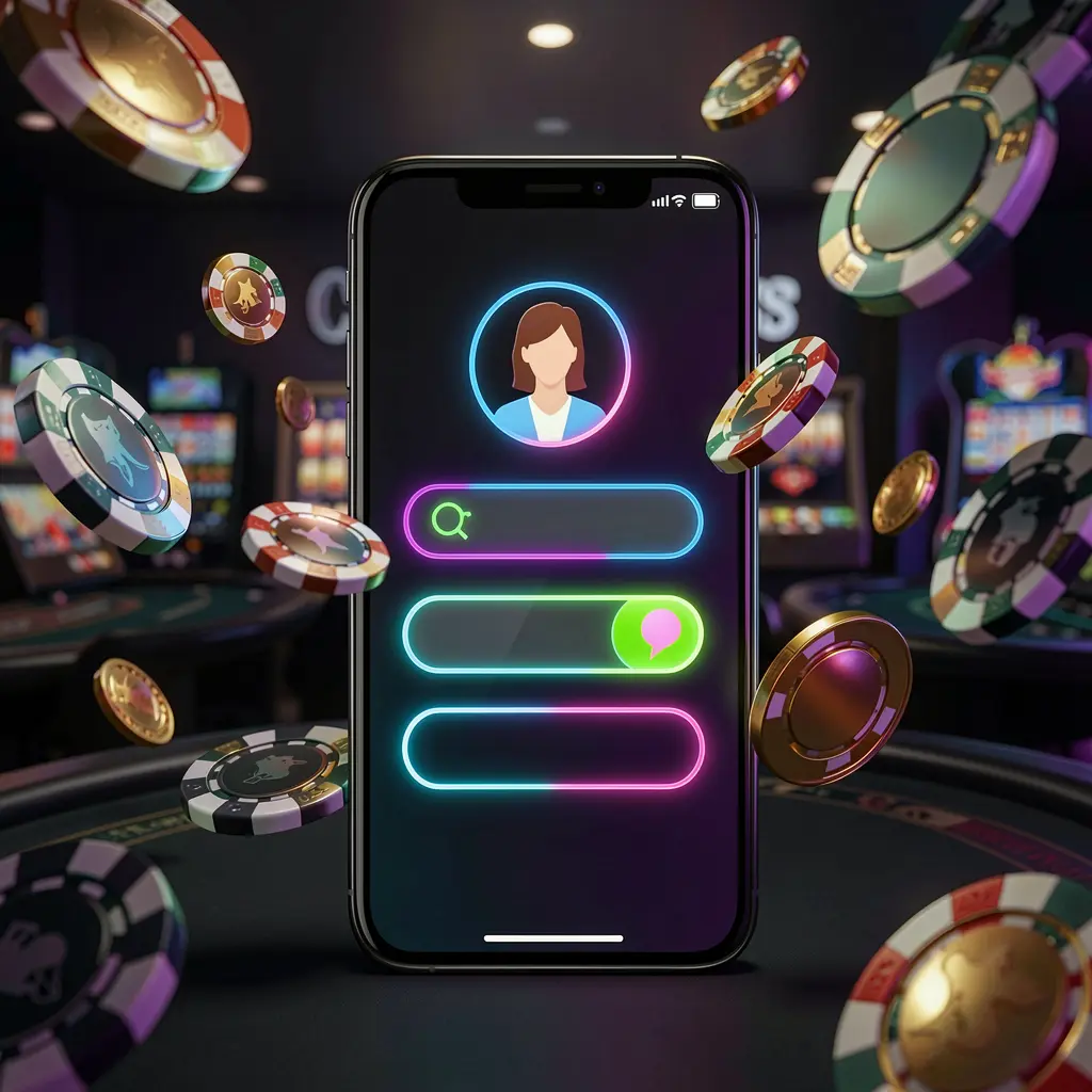 GO 6 mobile casino login screen with phone showing user profile and password fields as abstract neon UI shapes, surrounded by flying chips and coins in a dark premium casino atmosphere
