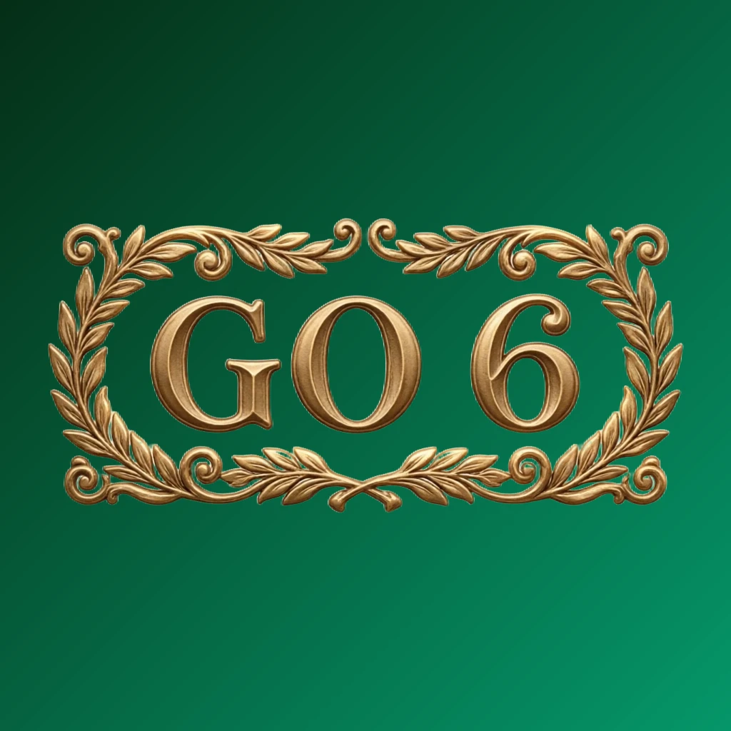 Vintage emblem logo with classic typography and ornamental frame featuring the text GO 6 in a retro premium style, designed as a horizontal rectangular wordmark logo with a transparent background for the GO 6 brand