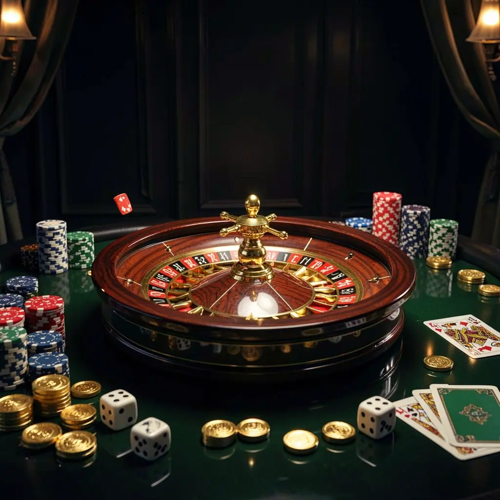 GO 6 premium casino homepage scene featuring a roulette wheel spinning on a glossy table surrounded by poker chips, dice, cards, and golden coins against an elegant dark background with cinematic lighting